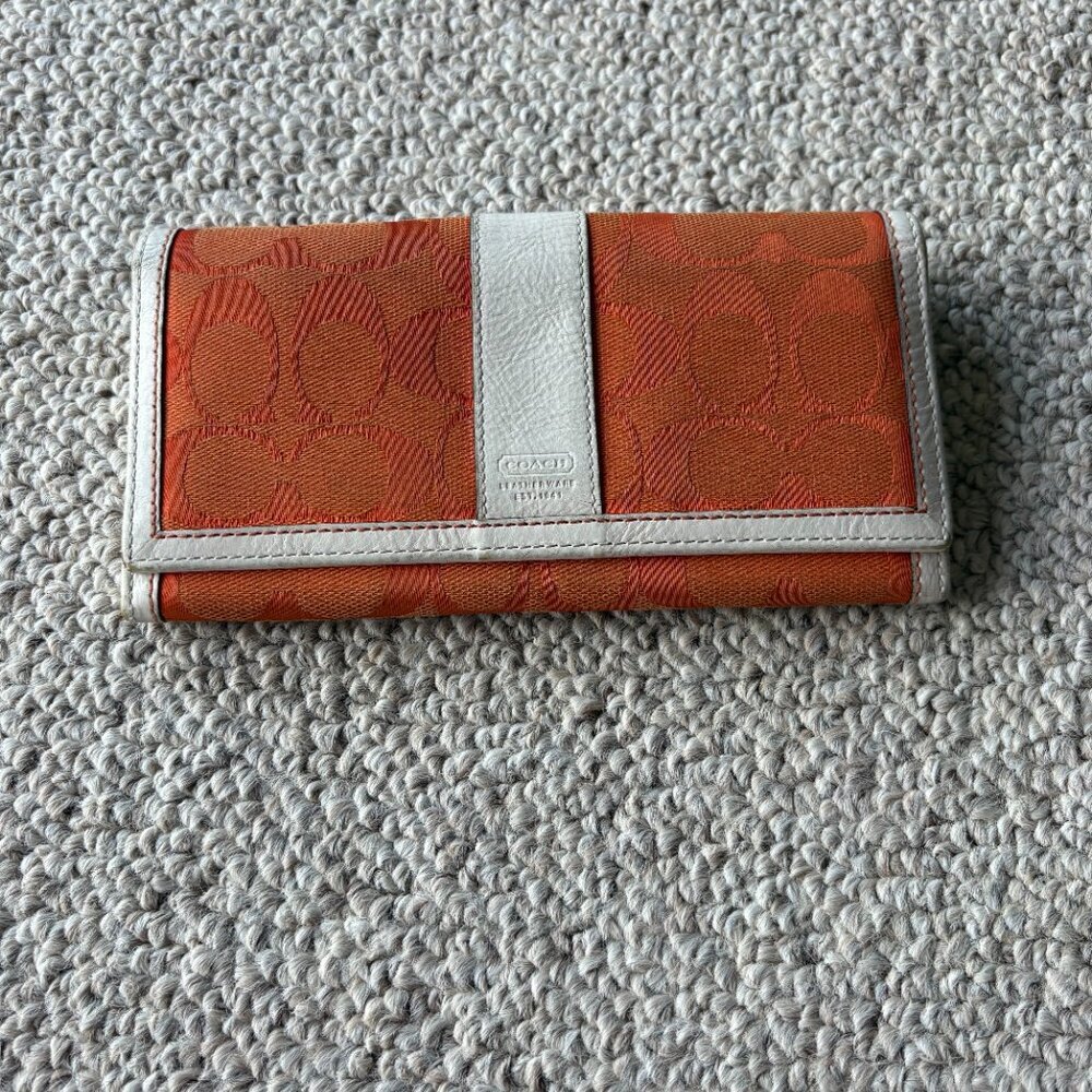 Coach Orange Signature Jacquard Trifold Wallet Checkbook Clutch Y2K Chic - Picture 3 of 11